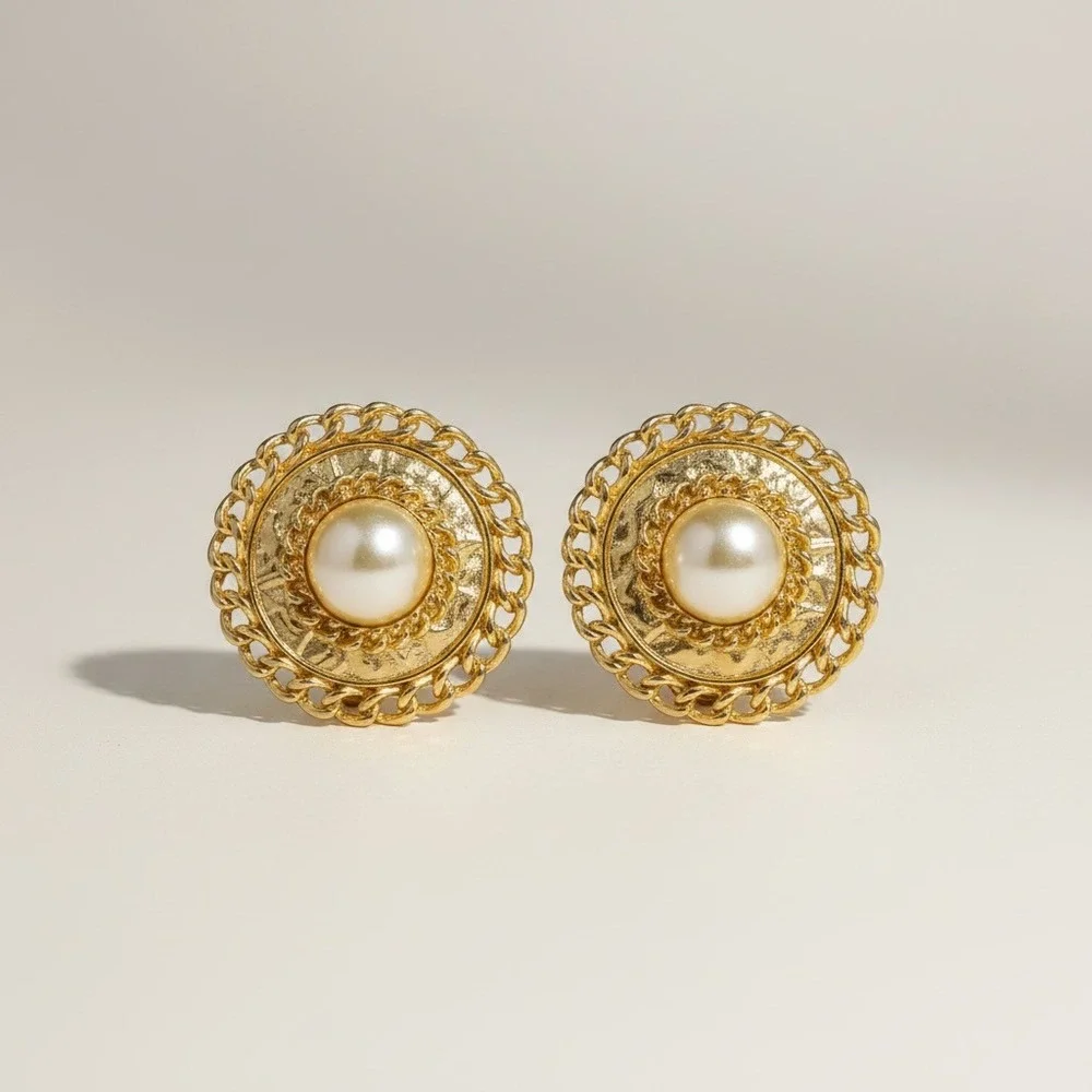 Vintage Gold Tone Faux Pearl Clip‎ On Earrings Large Round Statement Earrings